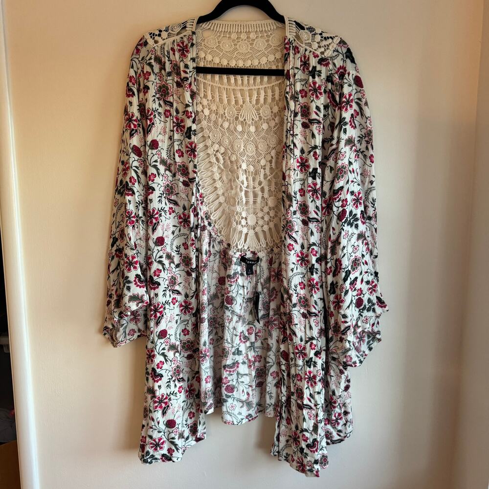 New Torrid Gauze Crochet Inset Kimono Pink Cream Sz 3X Floral